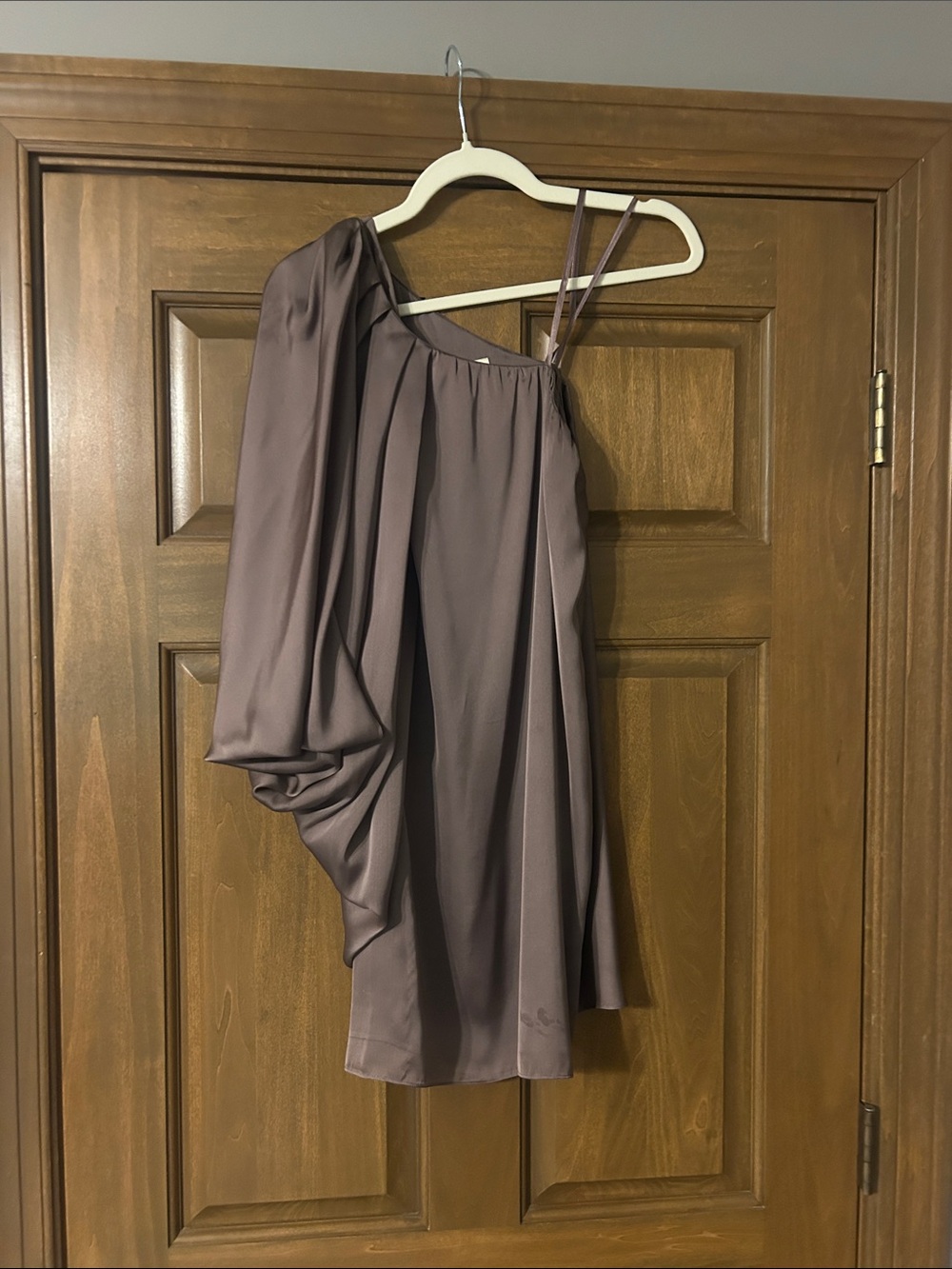 Aidan by Aidan Mattox One-Shoulder Draped Satin Dress in Mauve Taupe